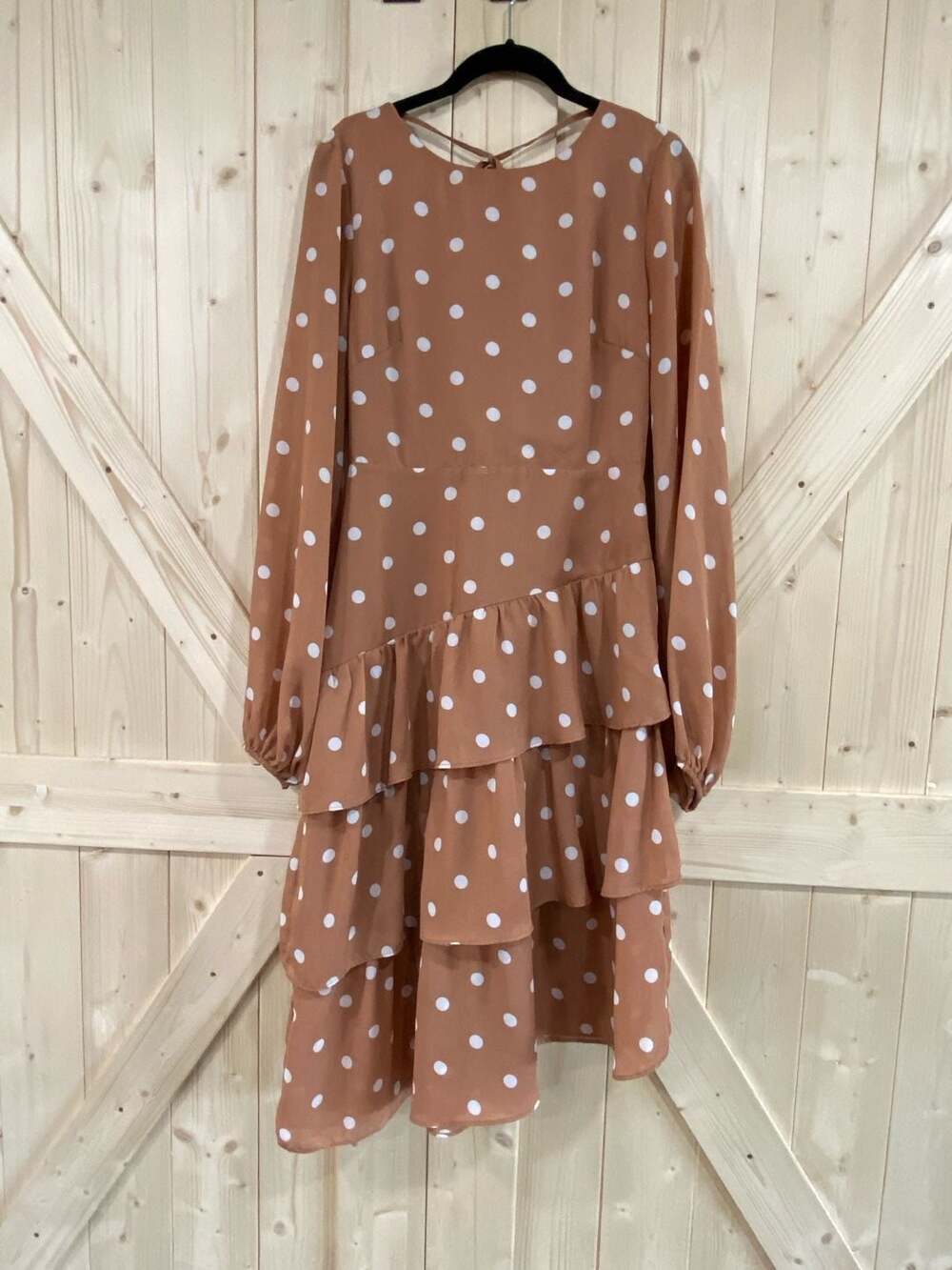 Fashion Union Tall Brown Polka Dot Long Sleeve Tiered Ruffle Dress US 6